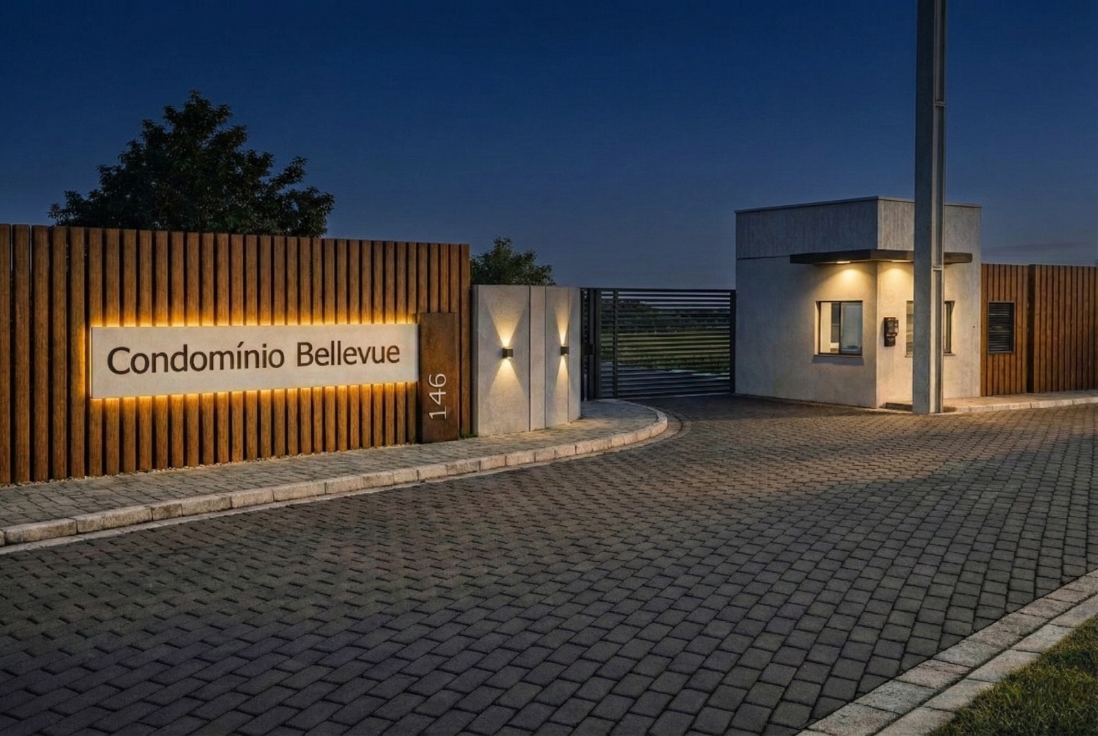 Pórtico do Condomínio Bellevue à noite